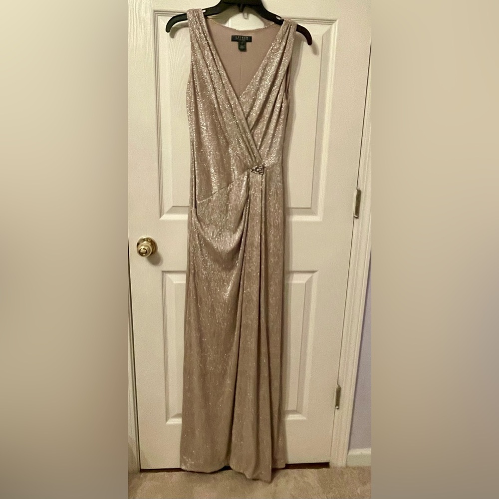 Long formal, gold, v neckline draped & rouched waist w antique jeweled pin